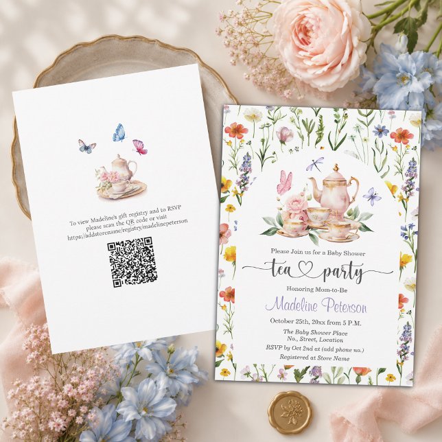 Wildflowers QR Code Tea Party Baby Shower  Invitation (Creator Uploaded)