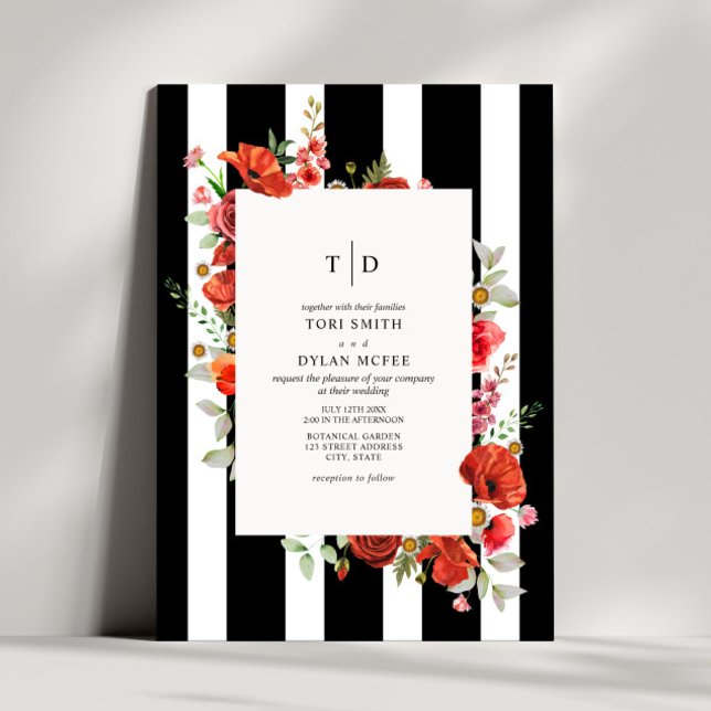 Wildflowers Red Floral Black White Stripe Wedding Invitation (Creator Uploaded)