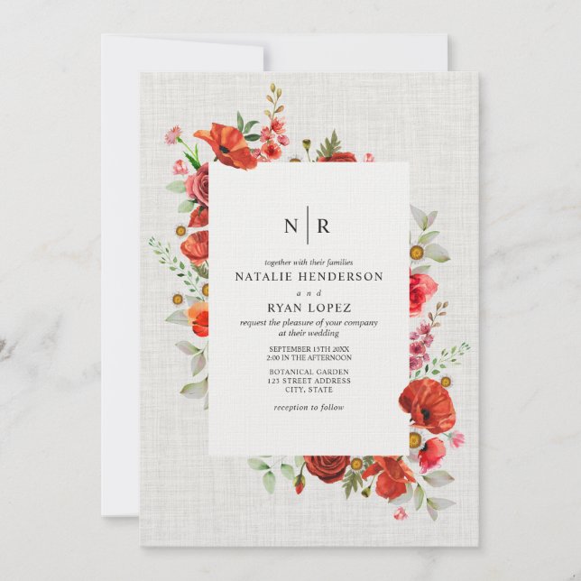 Wildflowers Red Poppy Floral Linen Wedding Invitation (Front)