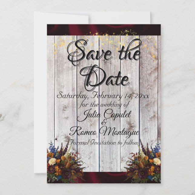 Wildflowers, Ribbon & Lights - Burgundy Save The Date (Front)