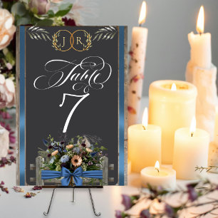 Wildflowers, Ribbon & Monogram - Blue Table Number