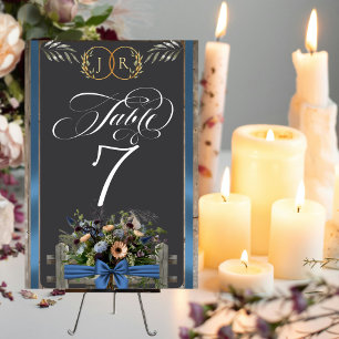 Wildflowers, Ribbon & Monogram - Blue Table Number