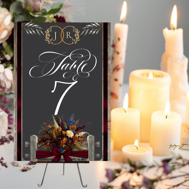 Wildflowers, Ribbon & Monogram - Burgundy Table Number (Creator Uploaded)