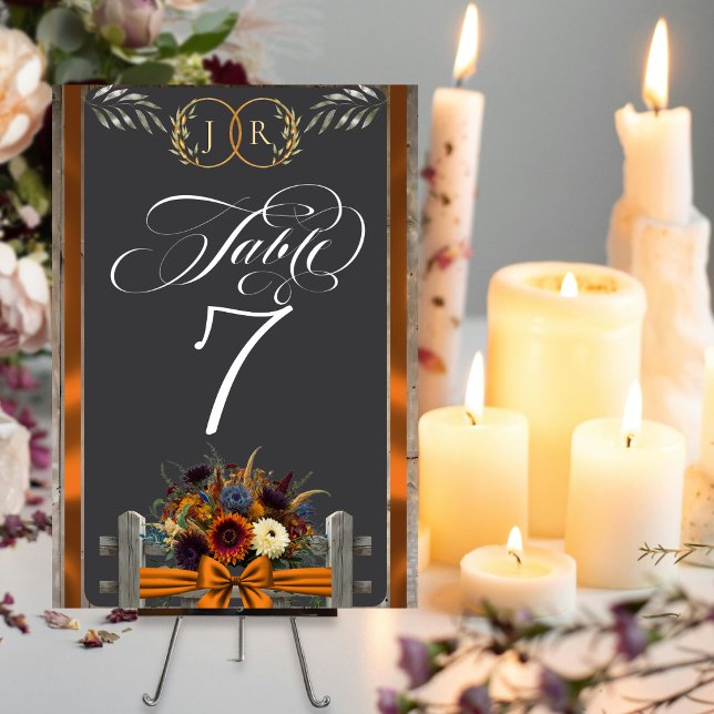 Wildflowers, Ribbon & Monogram - Copper Table Number (Creator Uploaded)