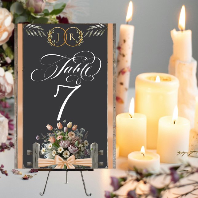 Wildflowers, Ribbon & Monogram - Peach Table Number (Creator Uploaded)