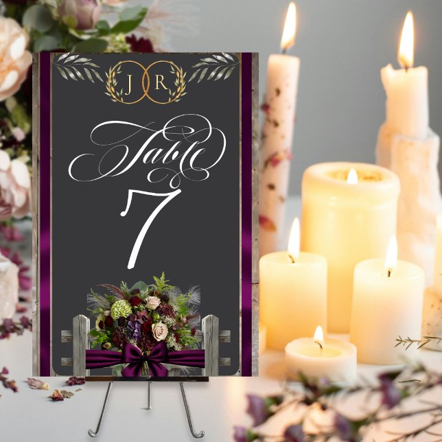 Wildflowers, Ribbon & Monogram - Plum Table Number (Creator Uploaded)