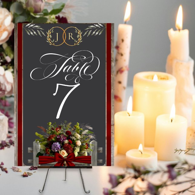 Wildflowers, Ribbon & Monogram - Red Table Number (Creator Uploaded)