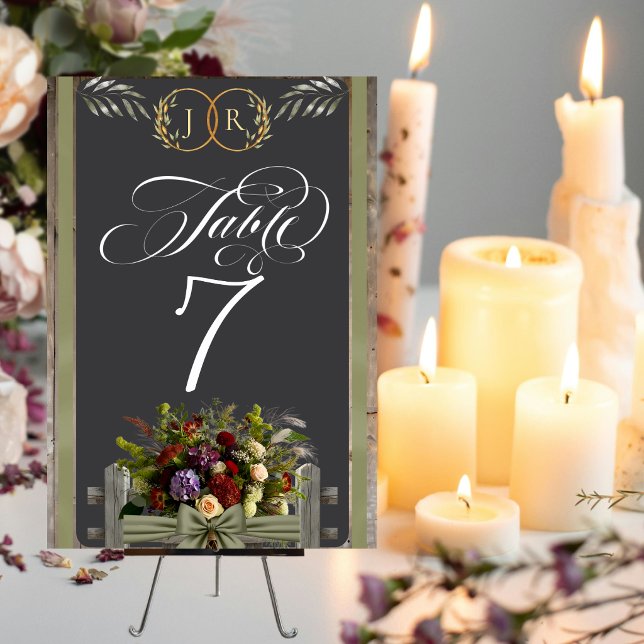 Wildflowers, Ribbon & Monogram - Sage Table Number (Creator Uploaded)
