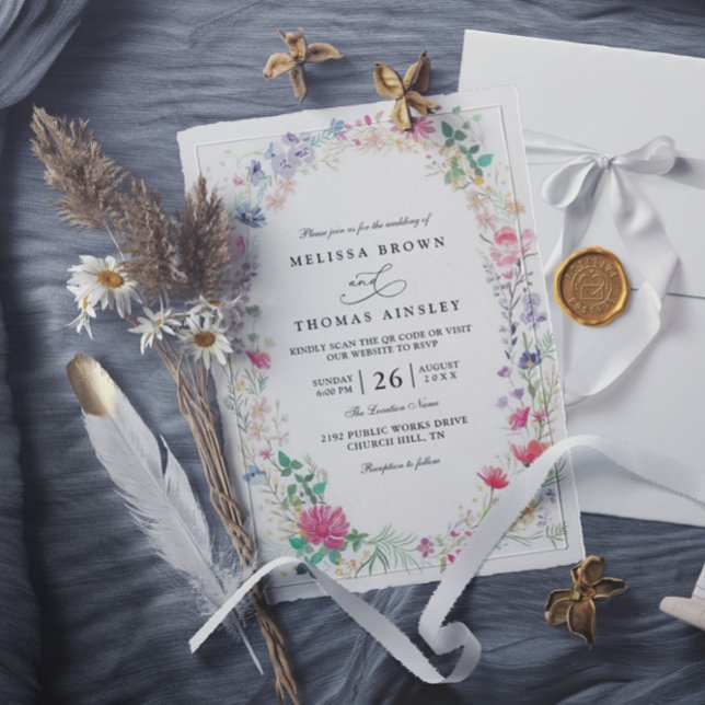 Wildflowers Rustic Elegant Modern QR Code Wedding Invitation (Creator Uploaded)
