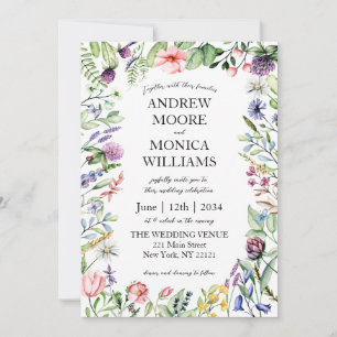 Wildflowers Script Elegant White Wedding Invitation