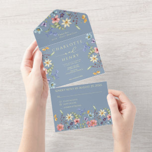 Wildflowers Simple Garden Dusty Blue Wedding All In One Invitation
