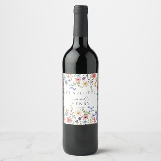 Wildflowers Simple Garden Wedding Wine Label (Front)