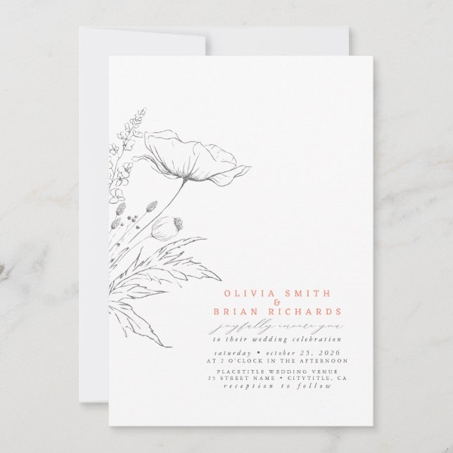 Wildflowers Sketch Elegant Soft Peach Wedding Invitation (Front)