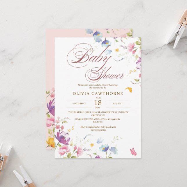  Wildflowers Spring Blush Baby Shower Invitation (Front/Back In Situ)