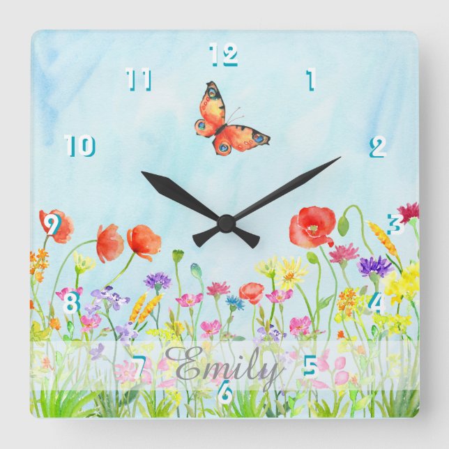 wildflowers spring flowers watercolor customizable square wall clock (Front)