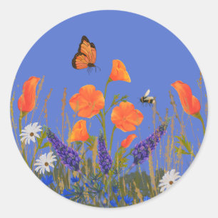 Wildflowers Spring Poppies Meadow Butterfly  Classic Round Sticker
