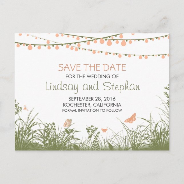 Wildflowers & String lights save the date postcard (Front)