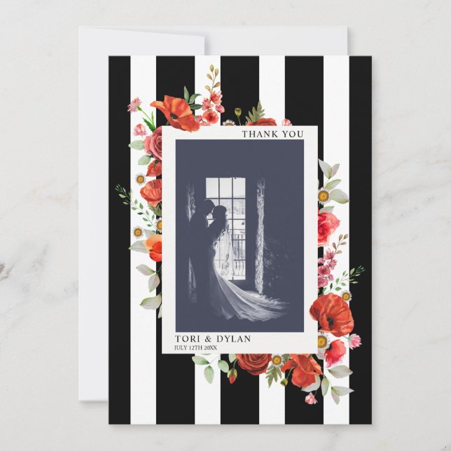 Wildflowers Stripe Wedding Photo Thank You Card (Front)