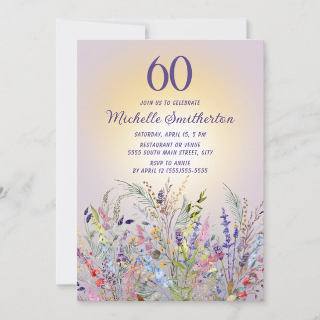 Wildflowers Sun Purple Women's 60th Birthday Invitation (Front)