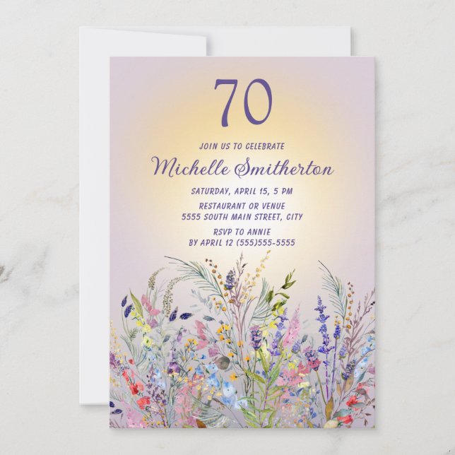 Wildflowers Sun Purple Women's 70th Birthday Invitation (Front)