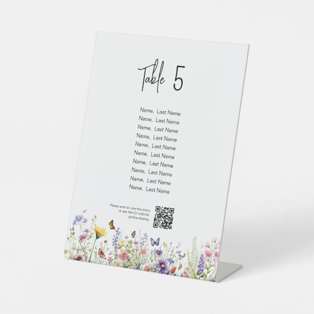 Wildflowers Table Number with guests and qr code Pedestal Sign (Front)