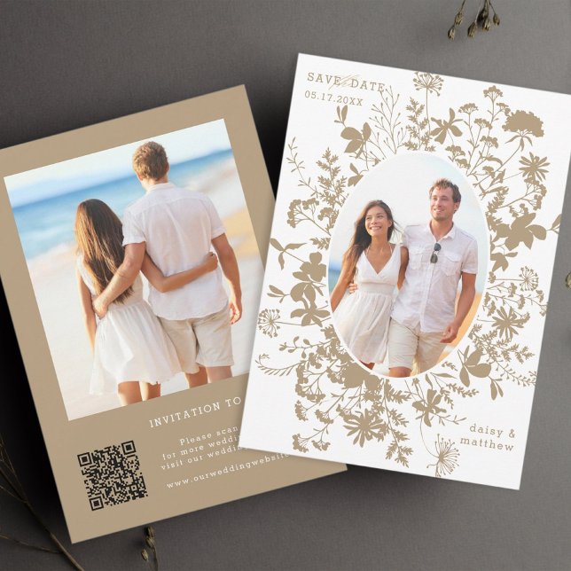 Wildflowers Tan Silhouette 2 Photo Wedding Save The Date (Creator Uploaded)