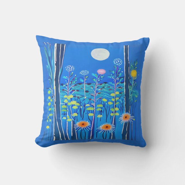 Wildflowers under a Full Moon Outdoor Pillow (Front)