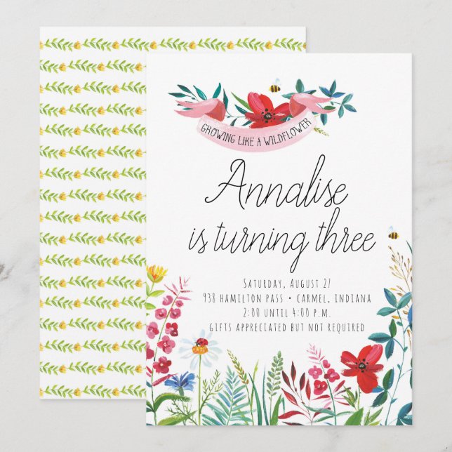 Wildflowers Watercolor Birthday Party Invitations (Front/Back)
