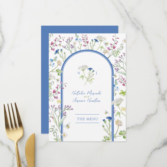 Wildflowers watercolor blue wedding Flat Menu (Front/Back In Situ)