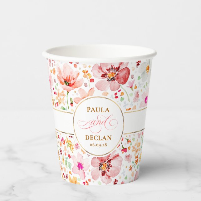 Wildflowers Watercolor Floral Elegant Boho Wedding Paper Cups (Front)
