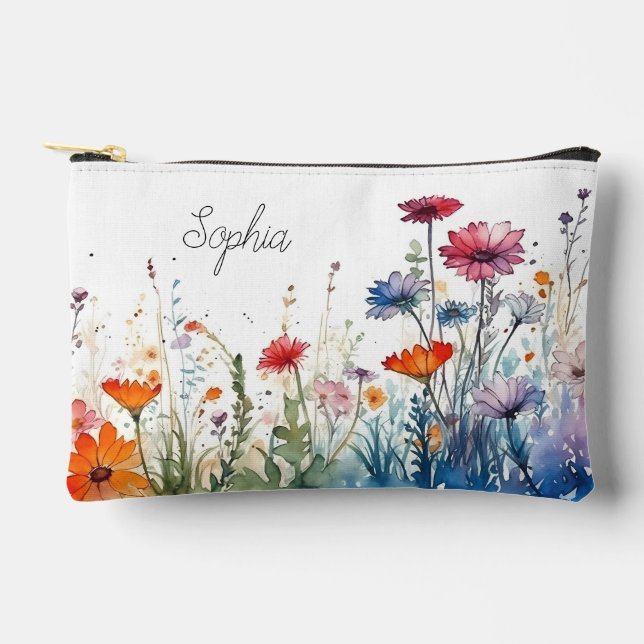 Wildflowers Watercolor Floral Pattern Name Accessory Pouch (Front)