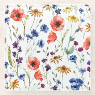 Wildflowers Watercolor Poppy Chamomile Background Glass Coaster