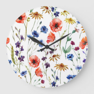 Wildflowers Watercolor Poppy Chamomile Background Large Clock
