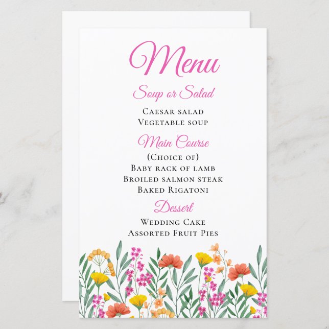 Wildflowers Watercolor Spring  Floral Wedding Menu (Front/Back)