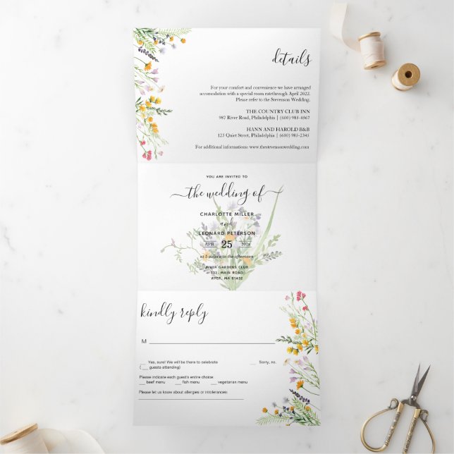 Wildflowers Wedding photo Tri-Fold Invitation (Inside)