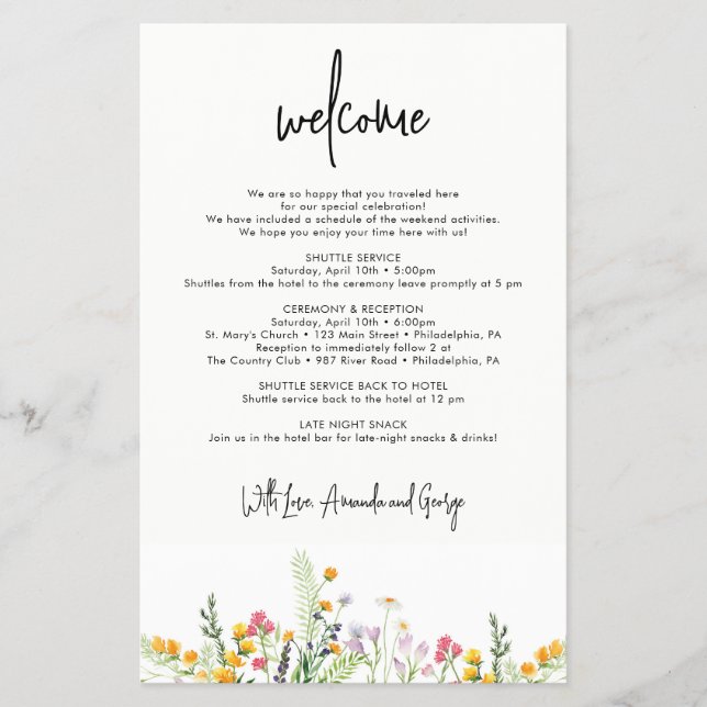 Wildflowers Wedding Welcome bag letter Flyer (Front)