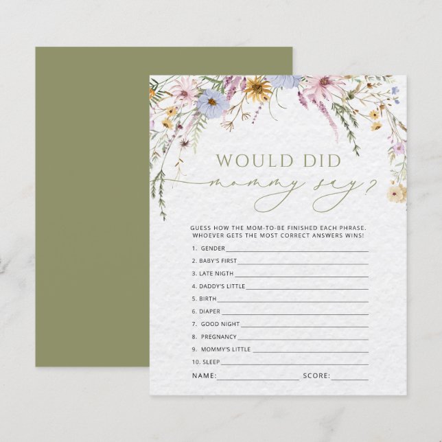 Wildflowers What Did Mommy Say Baby Shower Game (Front/Back)