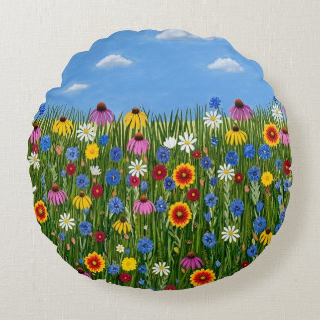 Wildflowers with Daisies Round Pillow (Front)