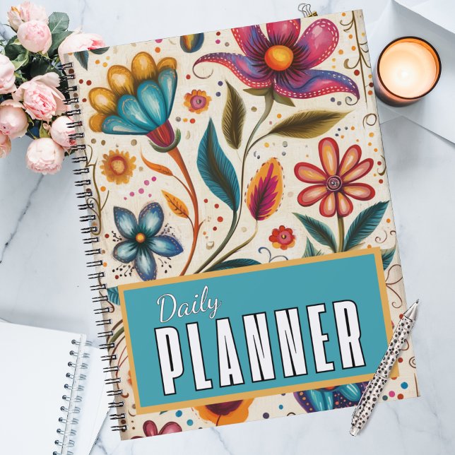  Wildflowers & Wonder Vintage Folk Art Blooms  Planner (Vintage folk art floral daily planner with vibrant wildflowers; colorful office supplies.)