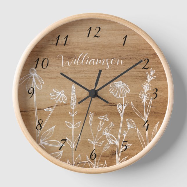 Wildflowers  Wood Background Rustic Numbers Clock (Front)