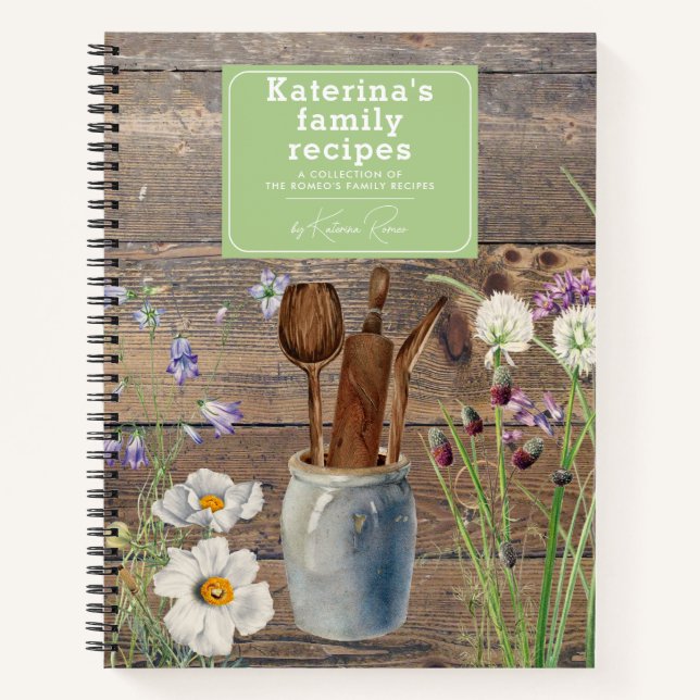 Wildflowers Wood Kitchen Utensils Family Recipe Notebook (Front)