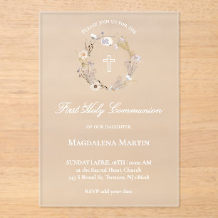 wildflowers wreath First Holy Communion girl Acrylic Invitations