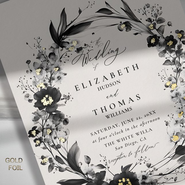 Wildflowers Wreath Modern Gold Elegant Wedding (wildflowers wedding invitation black white floral wreath frame elegant modern romantic boho gold)