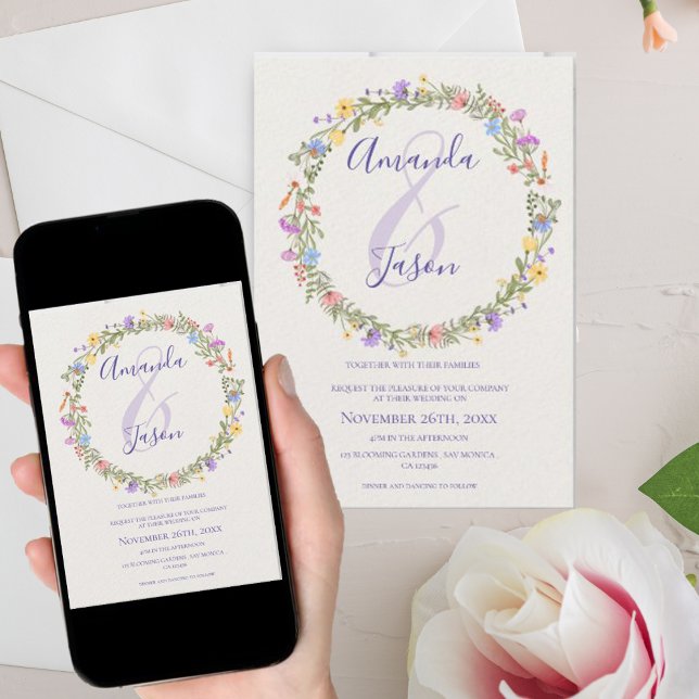 Wildflowers Wreath Pretty Yellow Purple Wedding  Invitation (Creator Uploaded)
