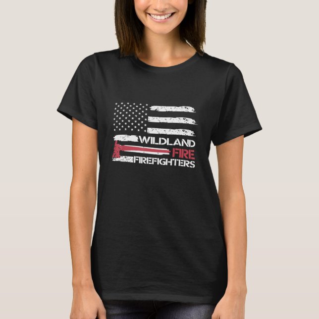 Wildland Fire Firefighters Usa Flag Thin Red Line  T-Shirt (Front)