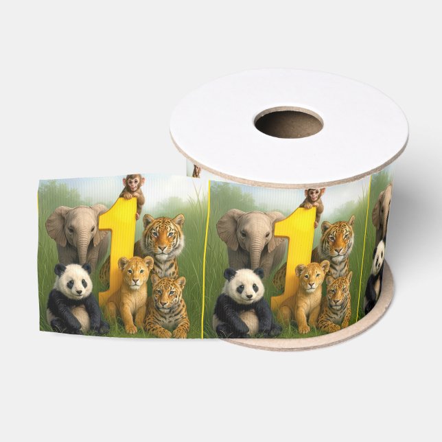Wildlife Animal Babies With a Number One Grosgrain Ribbon (Spool)