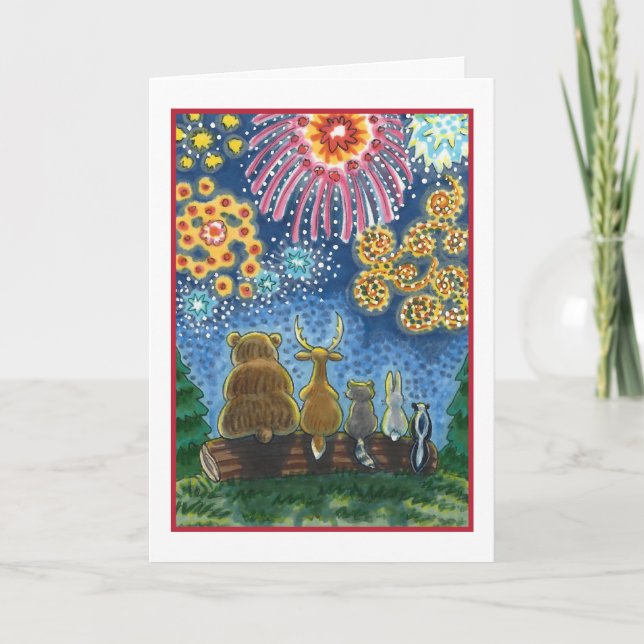 WILDLIFE ANIMALS 4TH OF JULY FIREWORKS, CUTE Blank Holiday Card (Front)