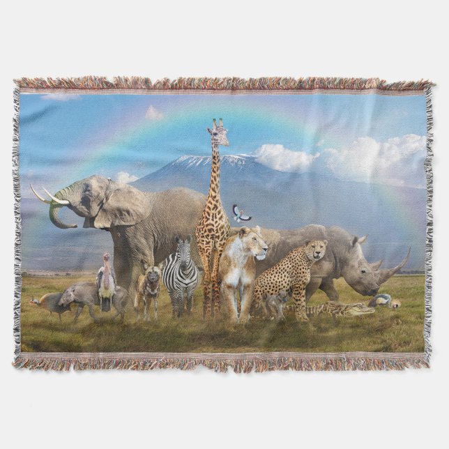 Wildlife Animals Throw Blanket (In the foreground, a diverse group of animals is gathered. An elephant with large tusks stands out. )