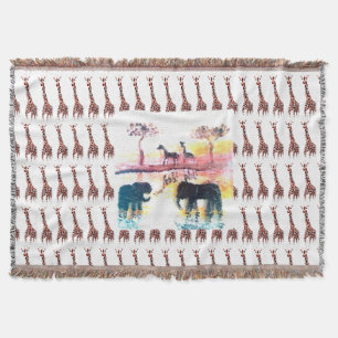 Wildlife Art Elephant, Giraffes Throw Blanket