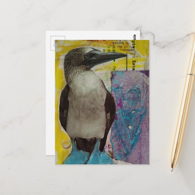 Wildlife Blue Footed Bird mixed media collage Postcard (Front/Back In Situ)
